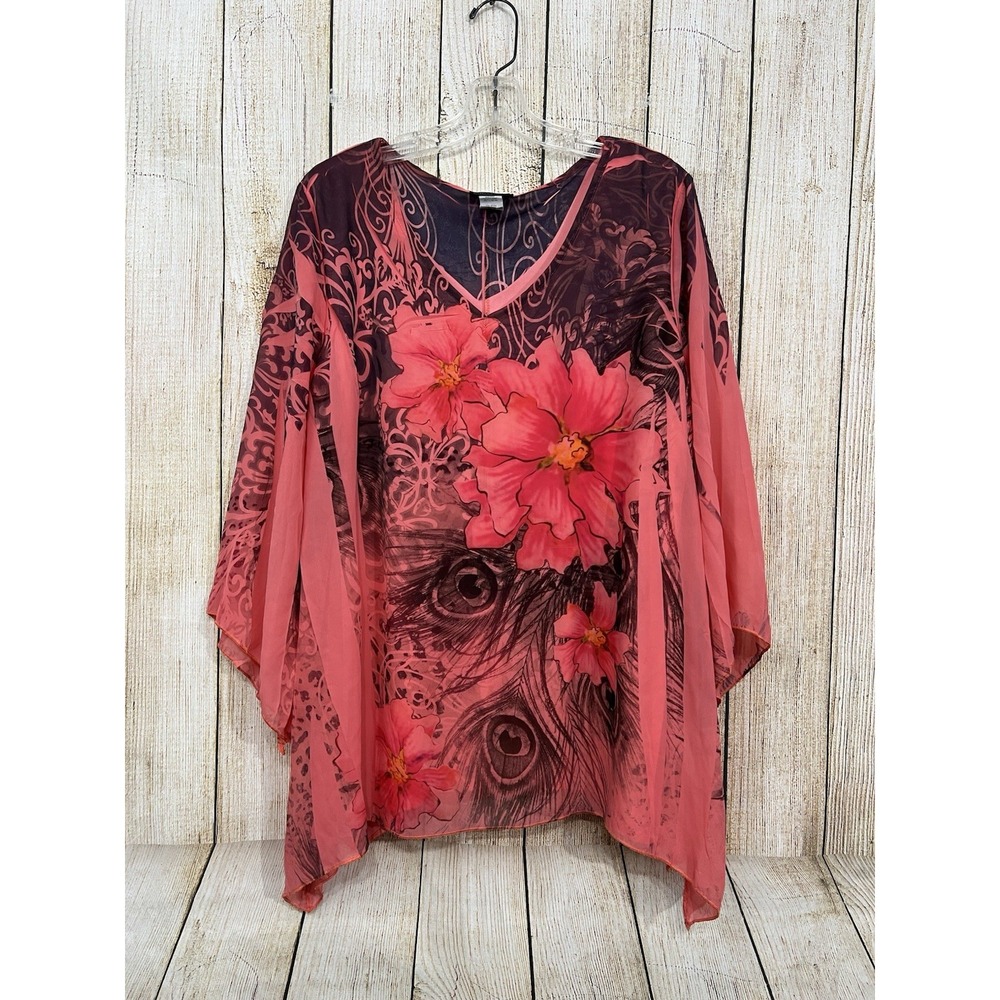 Y2K Dark Floral Top Flowy Sheer Chiffon 2X Coral Black Peacock Asymmetric Fairy